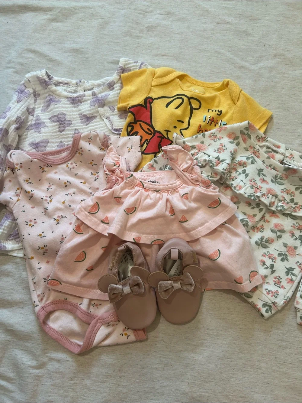 H&M Pink Watermelon Ruffle Pajama Top & Bodysuit Set with Yellow Pooh Tee